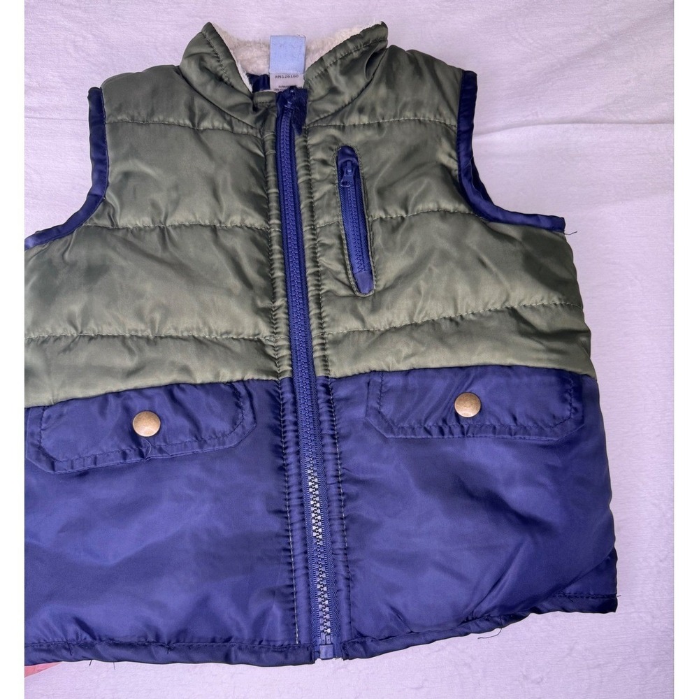 Little Lad Puffer Vest Size 3T Green Blue Faux Fur Collar Quilted Zip Up Jacket